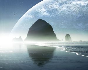 Preview wallpaper beach, sea, rocks, planets, light, landscape