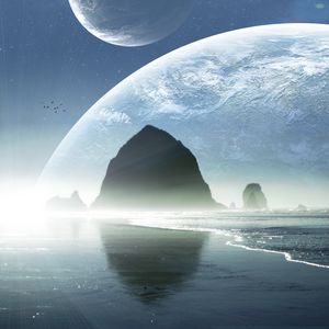 Preview wallpaper beach, sea, rocks, planets, light, landscape