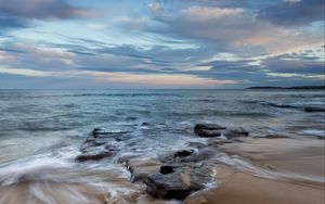 Preview wallpaper beach, sea, stones, horizon, sky