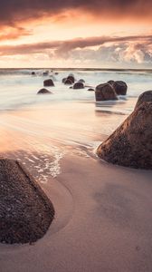 Preview wallpaper beach, sea, stones, sunset, landscape