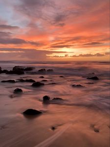 Preview wallpaper beach, sea, stones, dawn, nature