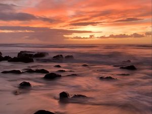 Preview wallpaper beach, sea, stones, dawn, nature