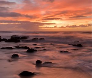 Preview wallpaper beach, sea, stones, dawn, nature