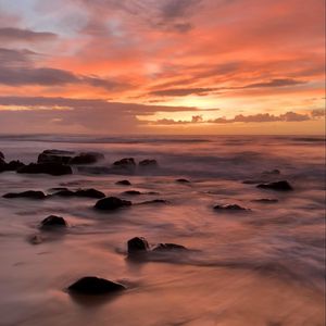 Preview wallpaper beach, sea, stones, dawn, nature