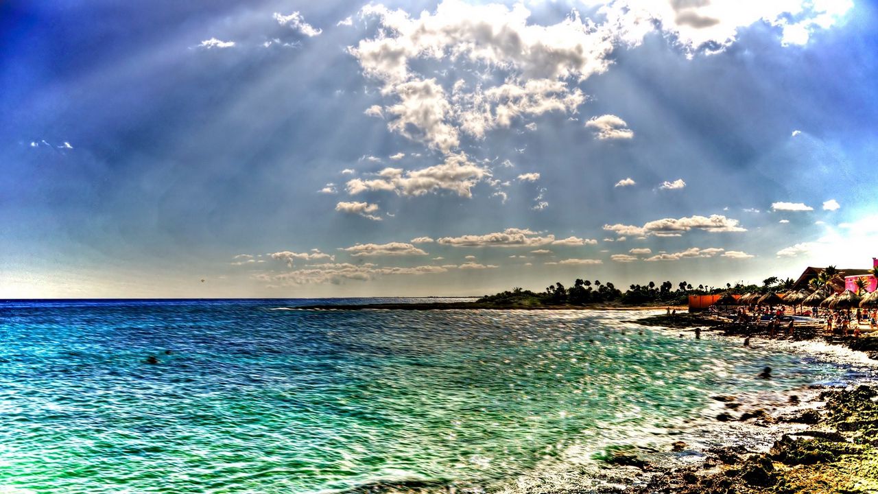 Wallpaper beach, sea, sun, beams, colors, coast, people