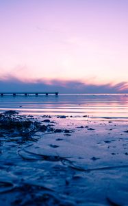 Preview wallpaper beach, sea, sunset, dusk, pier