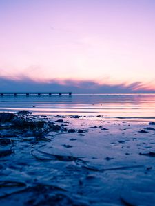 Preview wallpaper beach, sea, sunset, dusk, pier