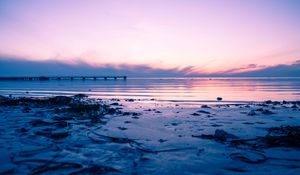 Preview wallpaper beach, sea, sunset, dusk, pier