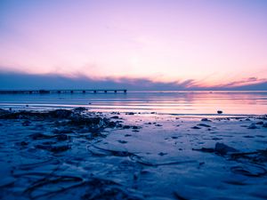 Preview wallpaper beach, sea, sunset, dusk, pier