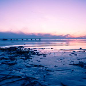 Preview wallpaper beach, sea, sunset, dusk, pier