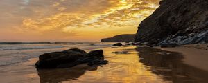 Preview wallpaper beach, sea, sunset, rocks, landscape, nature, summer