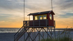 Preview wallpaper beach, sea, tower, lifeguards, twilight