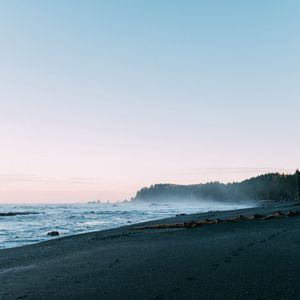 Preview wallpaper beach, sea, trees, fog, landscape, nature