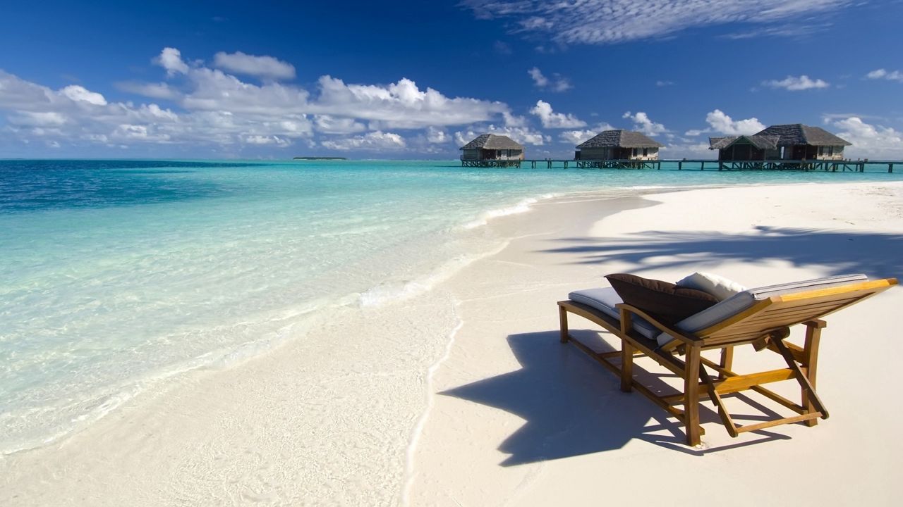 Wallpaper beach, sea, tropics, chair, pillows, bungalow