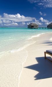 Preview wallpaper beach, sea, tropics, chair, pillows, bungalow