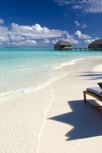 Preview wallpaper beach, sea, tropics, chair, pillows, bungalow