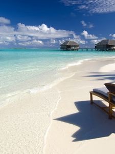 Preview wallpaper beach, sea, tropics, chair, pillows, bungalow