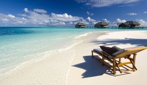 Preview wallpaper beach, sea, tropics, chair, pillows, bungalow