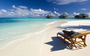 Preview wallpaper beach, sea, tropics, chair, pillows, bungalow