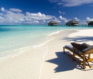 Preview wallpaper beach, sea, tropics, chair, pillows, bungalow