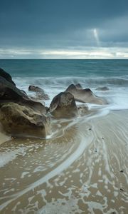 Preview wallpaper beach, sea, waves, stones, nature, landscape