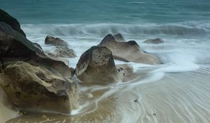 Preview wallpaper beach, sea, waves, stones, nature, landscape