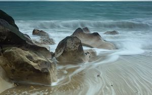 Preview wallpaper beach, sea, waves, stones, nature, landscape