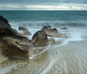 Preview wallpaper beach, sea, waves, stones, nature, landscape