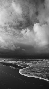 Preview wallpaper beach, sea, waves, clouds, black and white