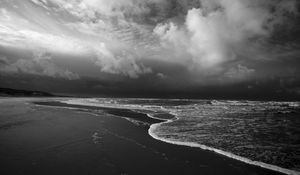 Preview wallpaper beach, sea, waves, clouds, black and white