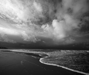 Preview wallpaper beach, sea, waves, clouds, black and white