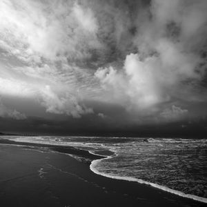 Preview wallpaper beach, sea, waves, clouds, black and white