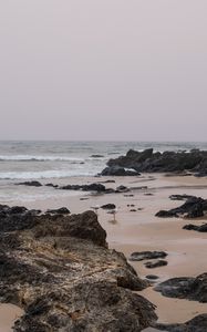 Preview wallpaper beach, seagulls, birds, rocks, waves