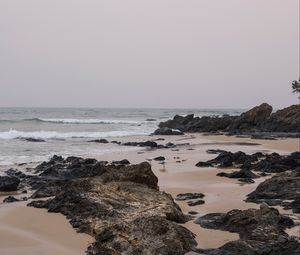 Preview wallpaper beach, seagulls, birds, rocks, waves