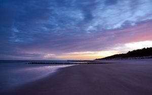 Preview wallpaper beach, shore, pier, dusk, twilight