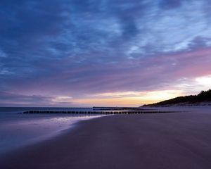 Preview wallpaper beach, shore, pier, dusk, twilight