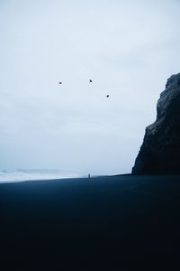 Preview wallpaper beach, silhouette, loneliness, birds, rock, waves, storm