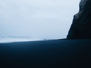 Preview wallpaper beach, silhouette, loneliness, birds, rock, waves, storm