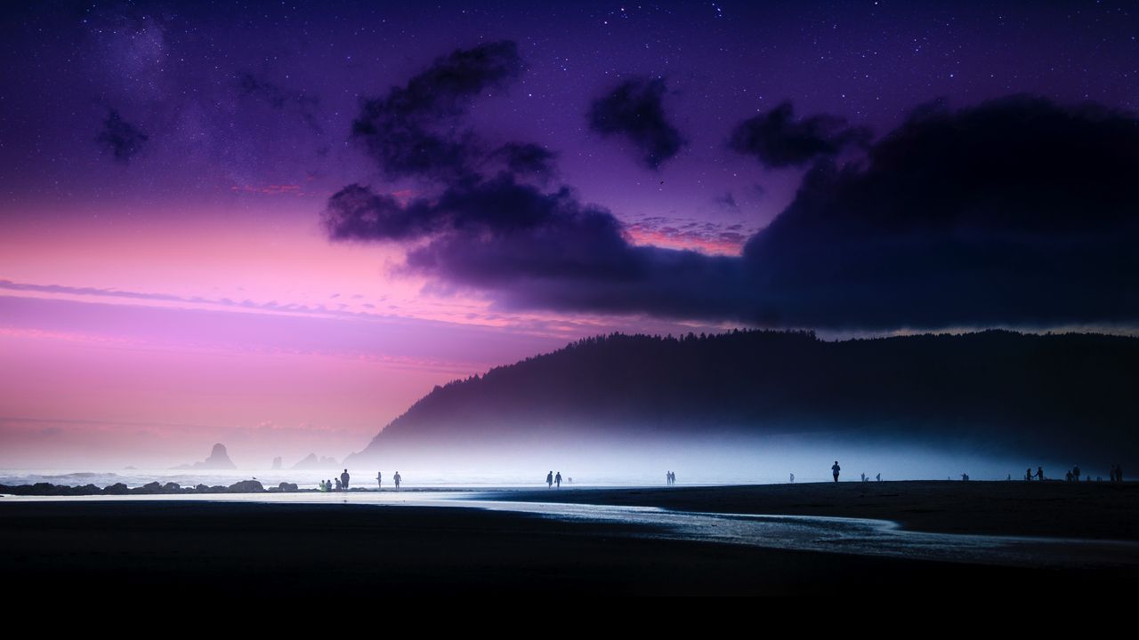 Wallpaper beach, starry sky, fog, shore