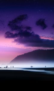 Preview wallpaper beach, starry sky, fog, shore