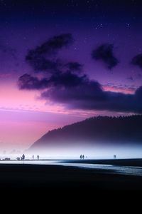 Preview wallpaper beach, starry sky, fog, shore