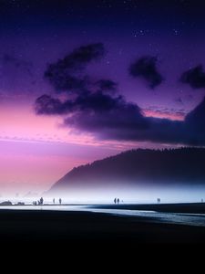 Preview wallpaper beach, starry sky, fog, shore