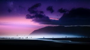 Preview wallpaper beach, starry sky, fog, shore