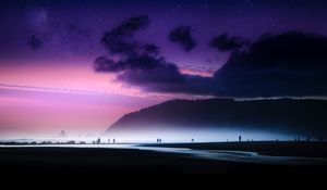 Preview wallpaper beach, starry sky, fog, shore