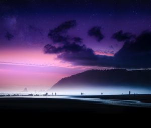 Preview wallpaper beach, starry sky, fog, shore