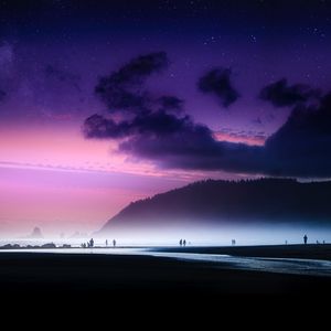 Preview wallpaper beach, starry sky, fog, shore