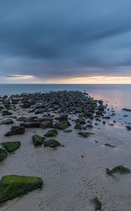 Preview wallpaper beach, stones, sand, water, sea, horizon