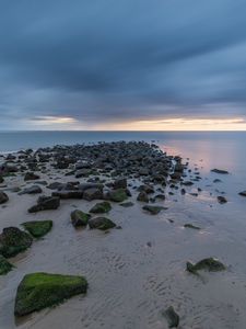 Preview wallpaper beach, stones, sand, water, sea, horizon