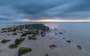 Preview wallpaper beach, stones, sand, water, sea, horizon