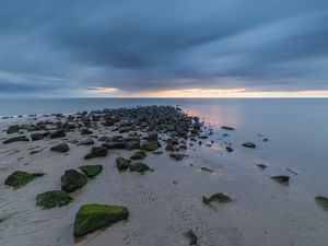 Preview wallpaper beach, stones, sand, water, sea, horizon